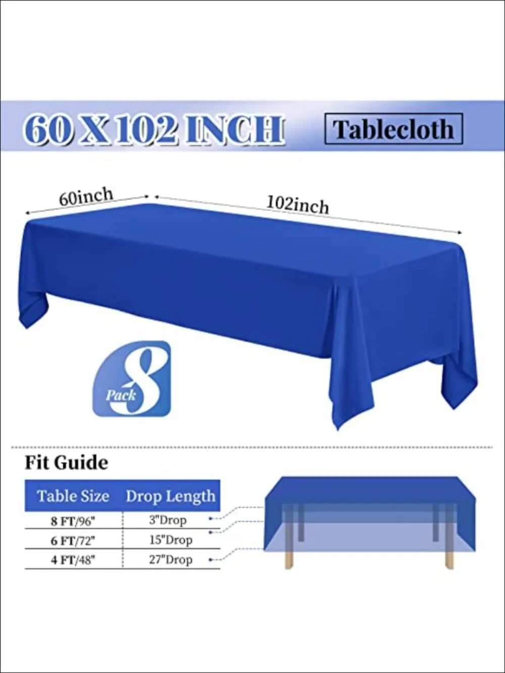 8 Pack Polyester Tablecloths 60x102 Inch for 6Ft Tables Wrinkle Resistant